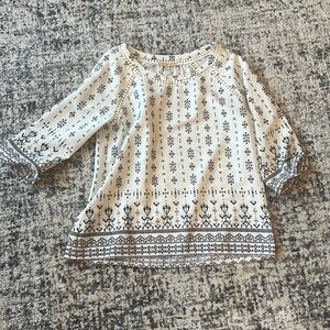 White and blue long sleeve blouse; cute elastic detail at wrist